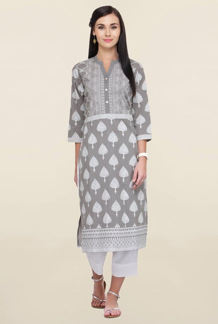Varanga Grey & White Printed Cotton Kurta With Palazzo Varanga Grey & White Printed Cotton Kurta With Palazzo