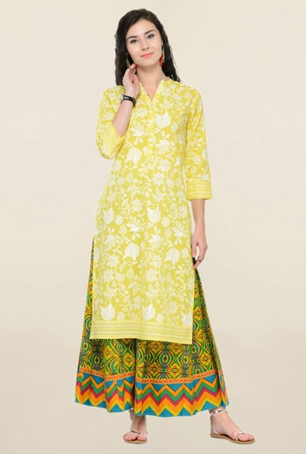 Varanga Yellow Printed Cotton Kurta With Palazzo Varanga Yellow Printed Cotton Kurta With Palazzo