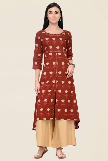 Varanga Brown & Beige Printed Cotton Kurta With Palazzo Varanga Brown & Beige Printed Cotton Kurta With Palazzo