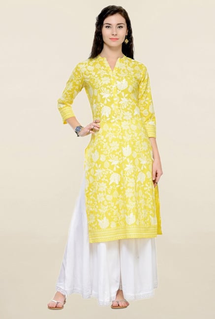 Varanga Yellow & White Printed Cotton Kurta With Palazzo Varanga Yellow & White Printed Cotton Kurta With Palazzo