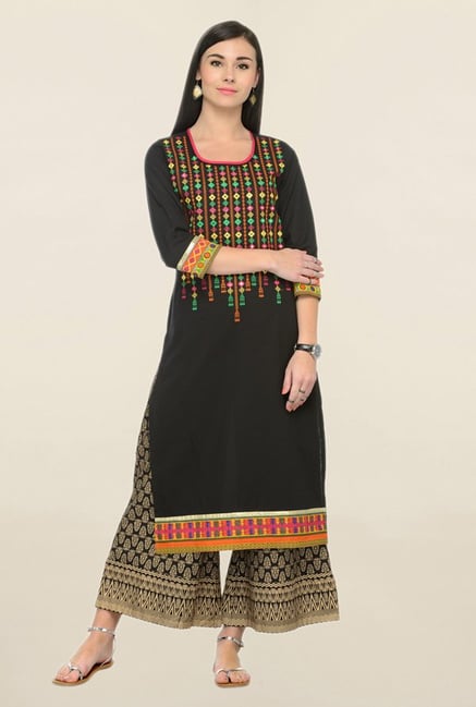 Varanga Black & Beige Embroidered Cotton Kurta With Palazzo Varanga Black & Beige Embroidered Cotton Kurta With Palazzo