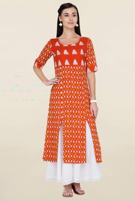 Varanga Orange Printed Flex Rayon Straight Kurta Varanga Orange Printed Flex Rayon Straight Kurta