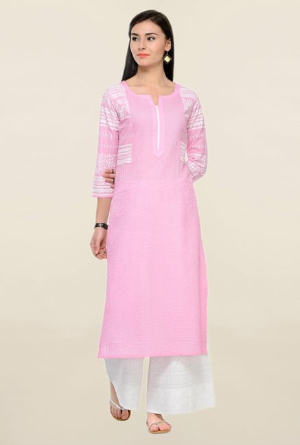 Varanga Pink Printed Cotton Straight Kurta Varanga Pink Printed Cotton Straight Kurta