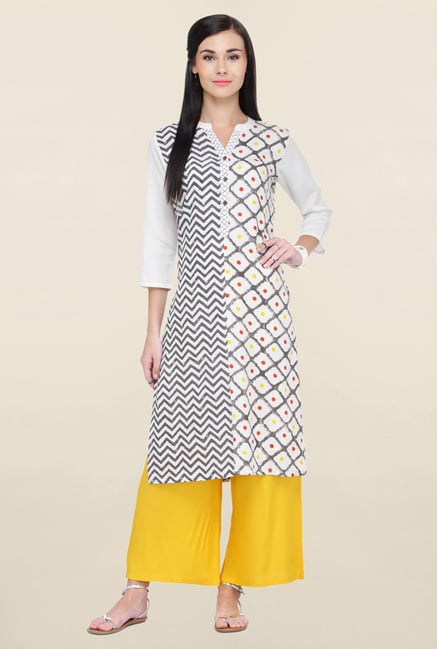 Varanga White & Yellow Printed Rayon Kurta With Palazzo Varanga White & Yellow Printed Rayon Kurta With Palazzo