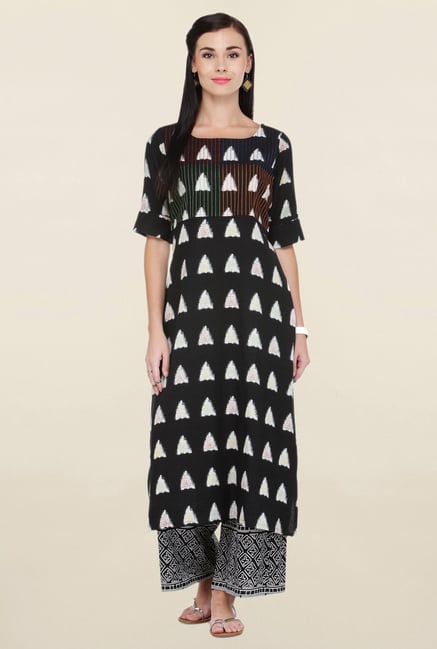 Varanga Black Printed Rayon Kurta With Palazzo Varanga Black Printed Rayon Kurta With Palazzo