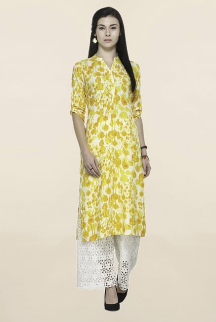 Varanga Yellow Printed Rayon Straight Kurta Varanga Yellow Printed Rayon Straight Kurta