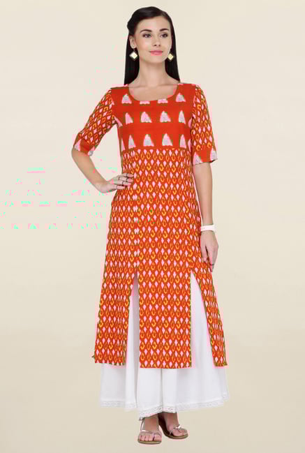 Varanga Orange & White Printed Rayon Kurta With Palazzo Varanga Orange & White Printed Rayon Kurta With Palazzo