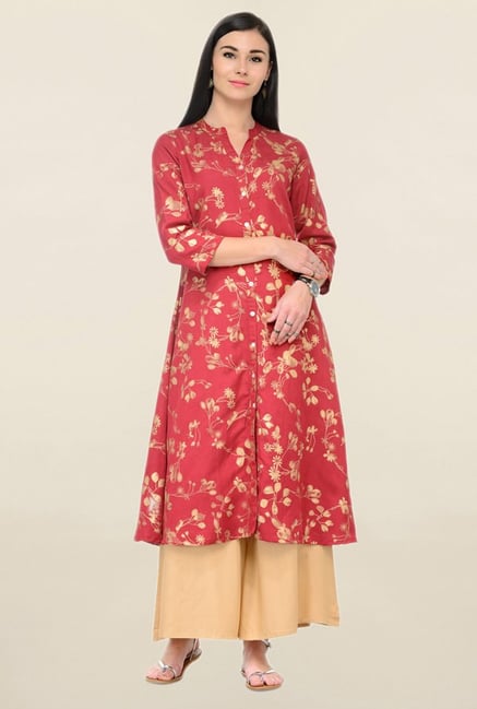 Varanga Red Printed Rayon Straight Kurta Varanga Red Printed Rayon Straight Kurta