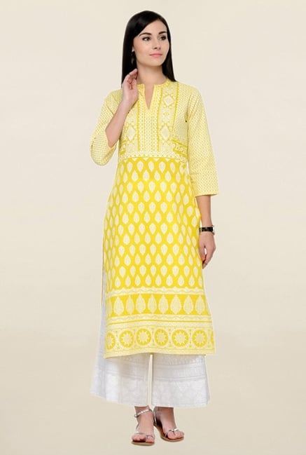 Varanga Yellow Printed Cotton Straight Kurta Varanga Yellow Printed Cotton Straight Kurta