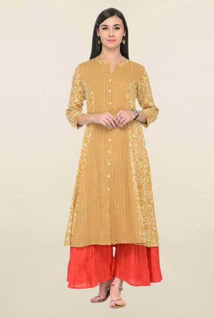 Varanga Mustard Printed Rayon Straight Kurta Varanga Mustard Printed Rayon Straight Kurta