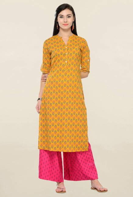 Varanga Mustard & Pink Printed Cotton Kurta With Palazzo Varanga Mustard & Pink Printed Cotton Kurta With Palazzo