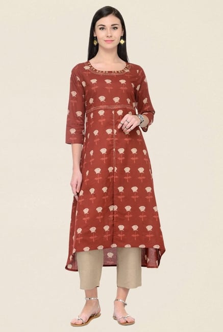 Varanga Brown & Beige Printed Cotton Kurta With Palazzo Varanga Brown & Beige Printed Cotton Kurta With Palazzo