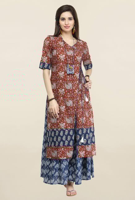 Varanga Maroon & Blue Paisley Cambric Kurta With Palazzo Varanga Maroon & Blue Paisley Cambric Kurta With Palazzo