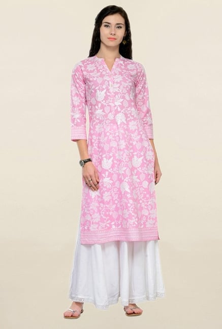 Varanga Pink & White Printed Cotton Kurta With Palazzo Varanga Pink & White Printed Cotton Kurta With Palazzo