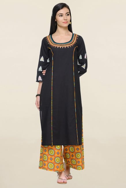 Varanga Black & Yellow Embroidered Cotton Kurta With Palazzo Varanga Black & Yellow Embroidered Cotton Kurta With Palazzo