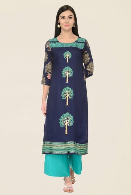 Varanga Navy & Teal Printed Rayon Kurta With Palazzo Varanga Navy & Teal Printed Rayon Kurta With Palazzo