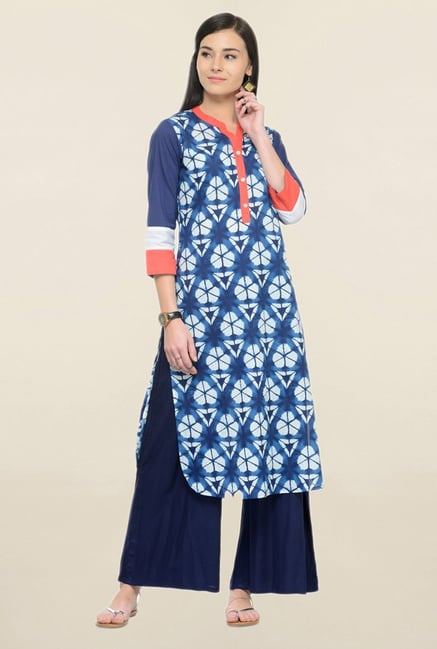Varanga Blue Printed Cotton Kurta With Palazzo Varanga Blue Printed Cotton Kurta With Palazzo