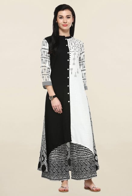 Varanga White & Black Printed Rayon Curved Kurta Varanga White & Black Printed Rayon Curved Kurta