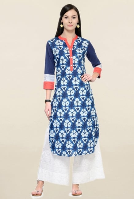 Varanga Blue & White Printed Cotton Kurta With Palazzo Varanga Blue & White Printed Cotton Kurta With Palazzo