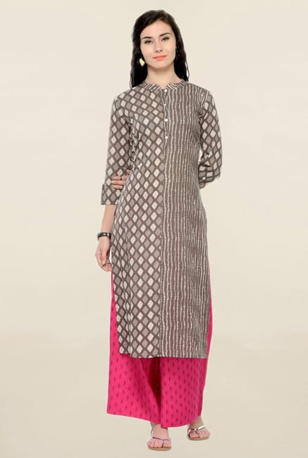 Varanga Grey & Pink Printed Cotton Kurta With Palazzo Varanga Grey & Pink Printed Cotton Kurta With Palazzo