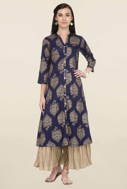 Varanga Navy & Beige Printed Rayon Kurta With Palazzo Varanga Navy & Beige Printed Rayon Kurta With Palazzo
