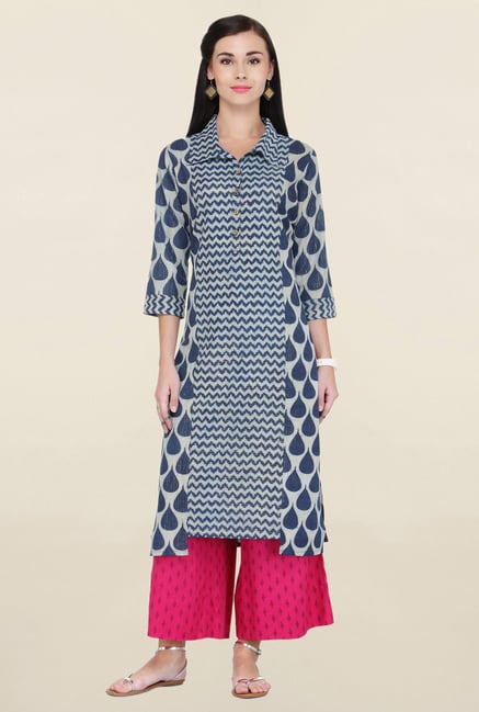 Varanga Navy & Pink Printed Cotton Kurta With Palazzo Varanga Navy & Pink Printed Cotton Kurta With Palazzo