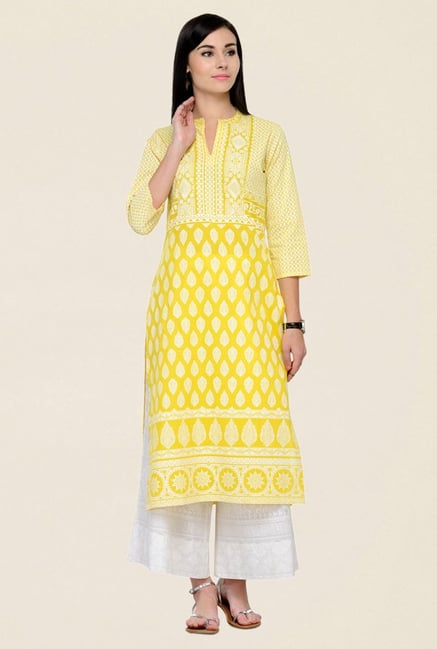 Varanga Yellow & White Printed Cotton Kurta With Palazzo Varanga Yellow & White Printed Cotton Kurta With Palazzo