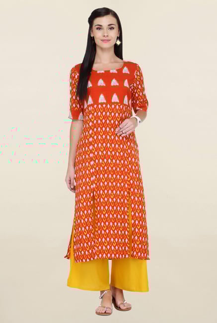 Varanga Orange & Yellow Printed Rayon Kurta With Palazzo Varanga Orange & Yellow Printed Rayon Kurta With Palazzo