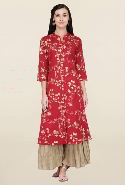 Varanga Red & Beige Printed Rayon Kurta With Palazzo Varanga Red & Beige Printed Rayon Kurta With Palazzo