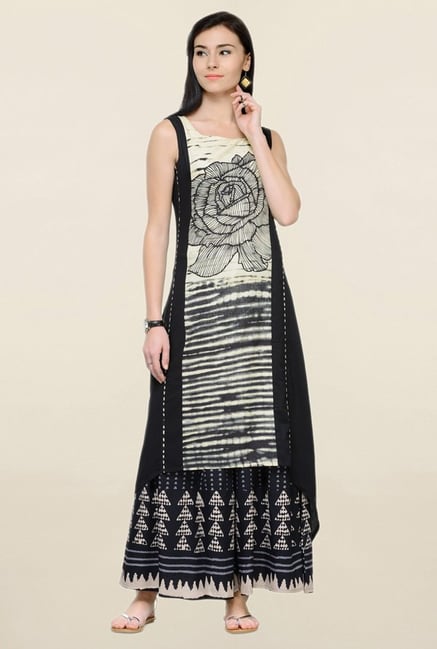 Varanga Black Floral Print Rayon Kurta With Palazzo Varanga Black Floral Print Rayon Kurta With Palazzo