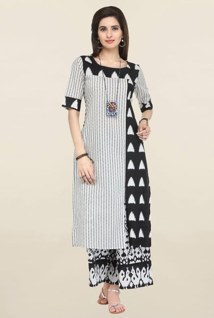 Varanga Off White & Black Printed Cambric Kurta With Palazzo Varanga Off White & Black Printed Cambric Kurta With Palazzo