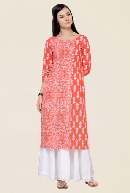 Varanga Orange & White Printed Cotton Kurta With Palazzo Varanga Orange & White Printed Cotton Kurta With Palazzo