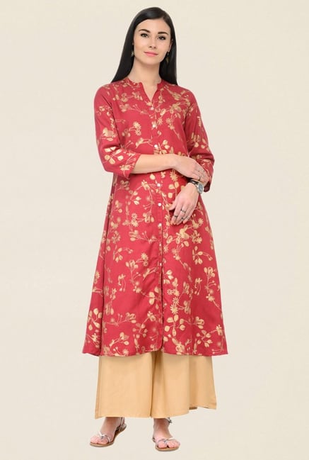 Varanga Red & Beige Printed Rayon Kurta With Palazzo Varanga Red & Beige Printed Rayon Kurta With Palazzo