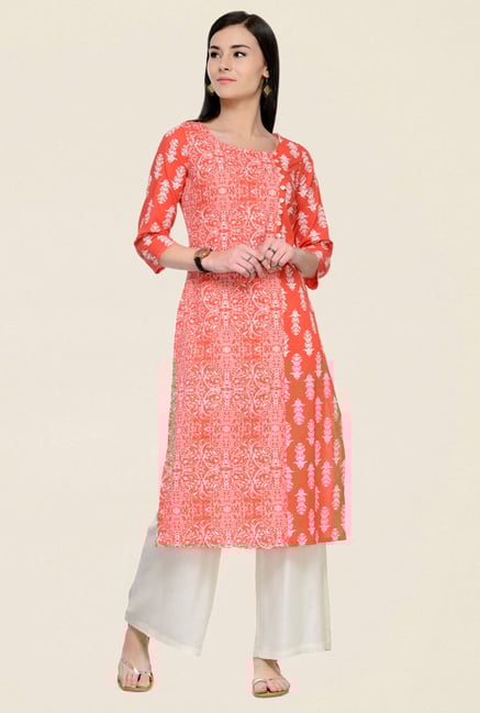 Varanga Orange & Off White Printed Cotton Kurta With Palazzo Varanga Orange & Off White Printed Cotton Kurta With Palazzo