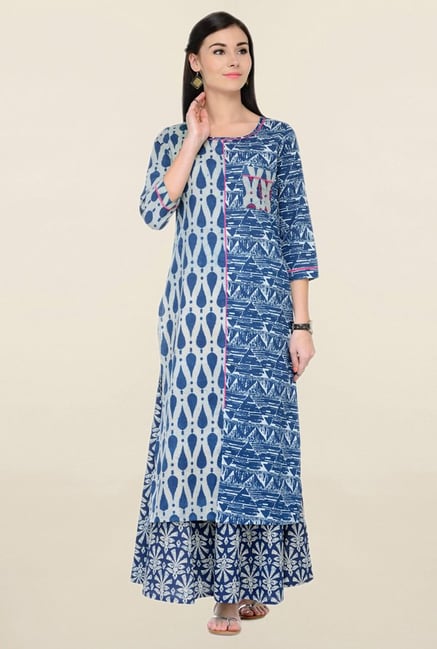 Varanga Blue Printed Cotton Kurta With Palazzo Varanga Blue Printed Cotton Kurta With Palazzo