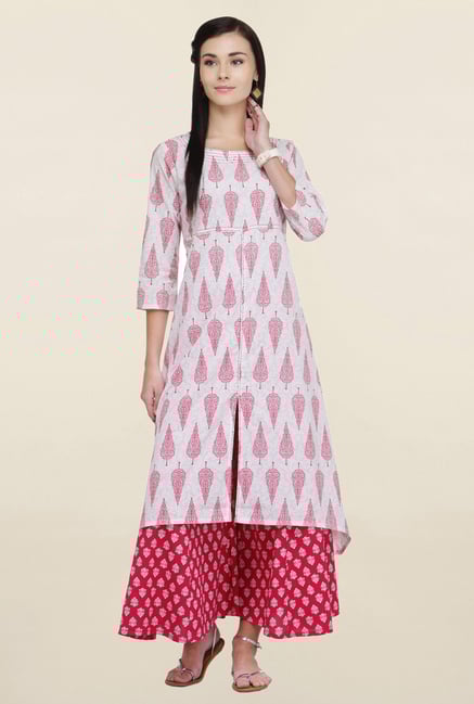 Varanga White & Pink Printed Cotton Kurta With Palazzo Varanga White & Pink Printed Cotton Kurta With Palazzo