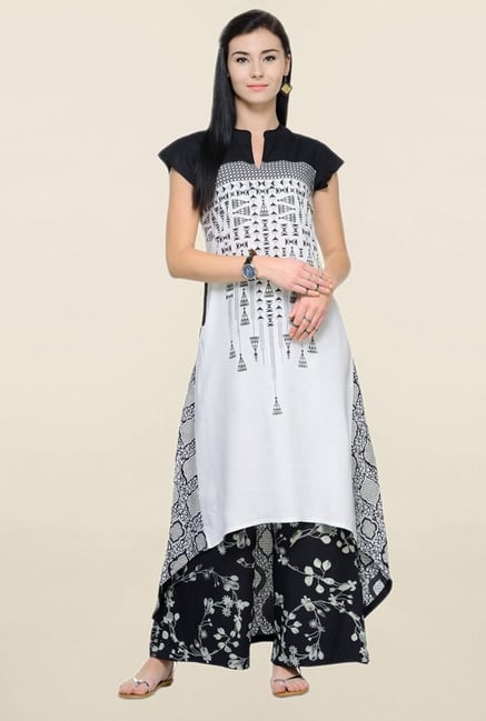 Varanga White & Black Printed Rayon Kurta With Palazzo Varanga White & Black Printed Rayon Kurta With Palazzo
