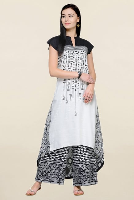 Varanga White & Black Printed Rayon Kurta With Palazzo Varanga White & Black Printed Rayon Kurta With Palazzo
