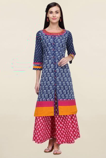 Varanga Blue & Pink Printed Cotton Kurta With Palazzo Varanga Blue & Pink Printed Cotton Kurta With Palazzo