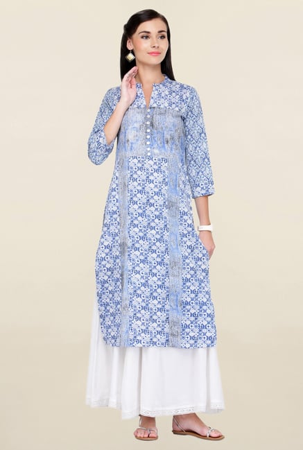 Varanga Blue & White Printed Rayon Kurta With Palazzo Varanga Blue & White Printed Rayon Kurta With Palazzo
