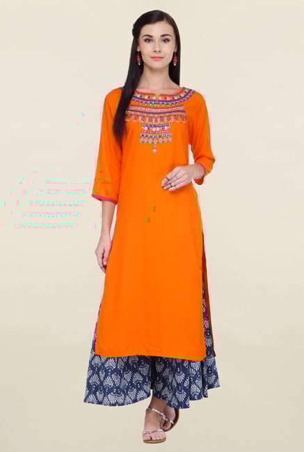 Varanga Orange Embroidered Rayon Straight Kurta Varanga Orange Embroidered Rayon Straight Kurta