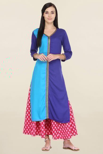 Varanga Blue & Pink Solid Rayon Kurta With Palazzo Varanga Blue & Pink Solid Rayon Kurta With Palazzo