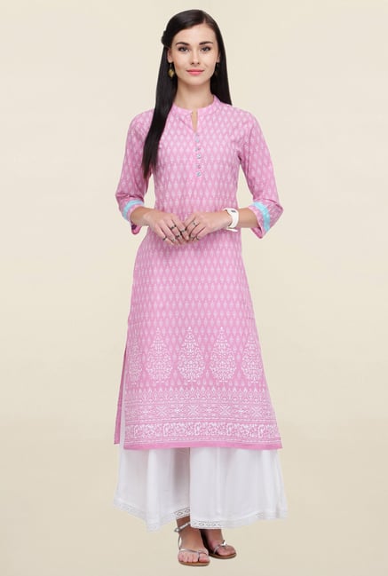 Varanga Pink & White Printed Cotton Kurta With Palazzo Varanga Pink & White Printed Cotton Kurta With Palazzo