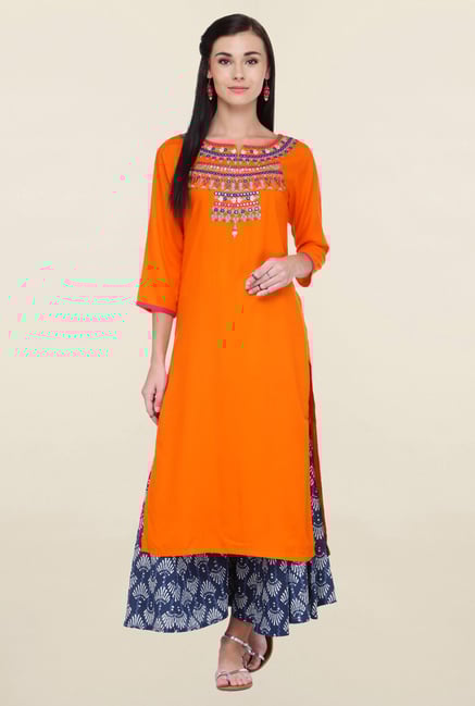 Varanga Orange & Navy Embroidered Rayon Kurta With Palazzo Varanga Orange & Navy Embroidered Rayon Kurta With Palazzo