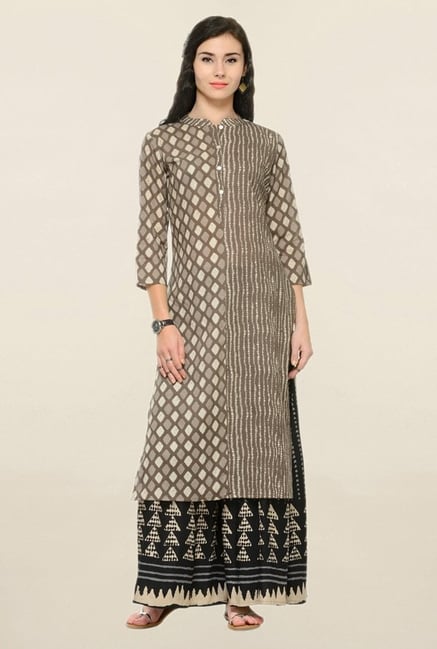 Varanga Grey & Black Printed Cotton Kurta With Palazzo Varanga Grey & Black Printed Cotton Kurta With Palazzo