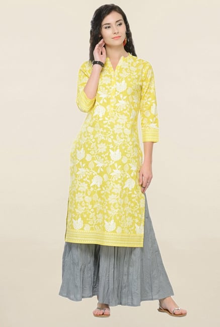 Varanga Yellow & Grey Printed Cotton Kurta With Palazzo Varanga Yellow & Grey Printed Cotton Kurta With Palazzo