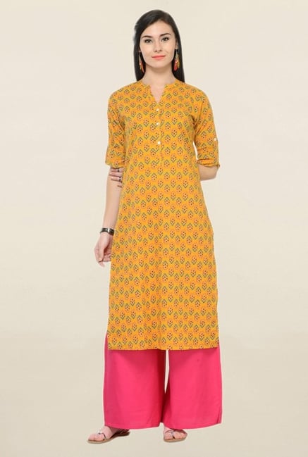 Varanga Mustard & Pink Printed Cotton Kurta With Palazzo Varanga Mustard & Pink Printed Cotton Kurta With Palazzo