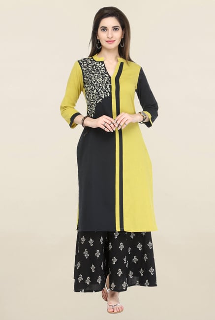 Varanga Lime & Black Embroidered Flex Kurta With Palazzo Varanga Lime & Black Embroidered Flex Kurta With Palazzo