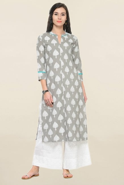 Varanga Grey & White Printed Cotton Kurta With Palazzo Varanga Grey & White Printed Cotton Kurta With Palazzo