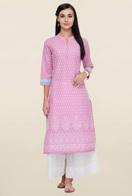 Varanga Pink & White Printed Cotton Kurta With Palazzo Varanga Pink & White Printed Cotton Kurta With Palazzo